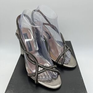 BCBGMAXAZRIA 7 Evie Embellished Metalic Leather Slingback Sandal Block Heel Hoco